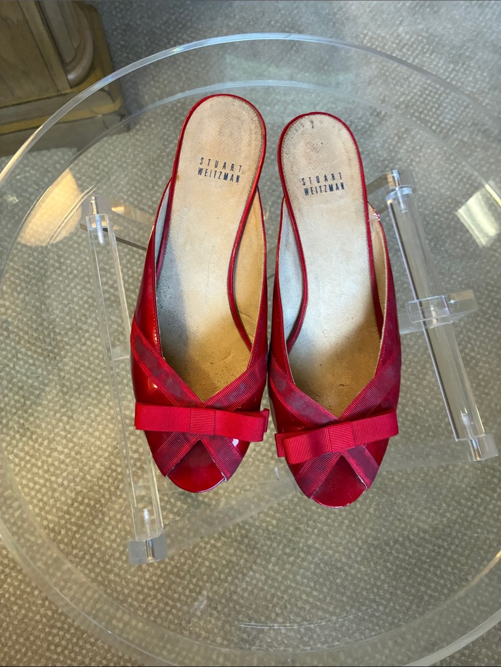 Stuart Weitzman Red Satin Bow Peep-Toe Mules